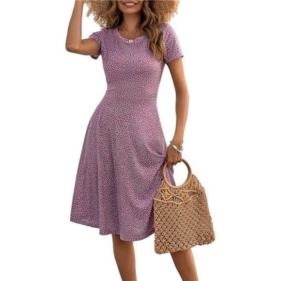 Women Casual Summer Short Sleeve Round Neck Floral Skater Dress with Pockets - Picture 1 of 6
